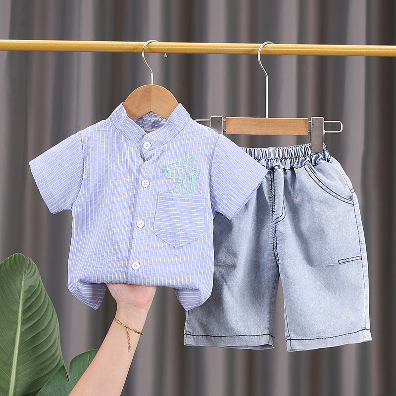 Completo Estivo Bambino - Camicia Coreana a Righe e Shorts in Denim
