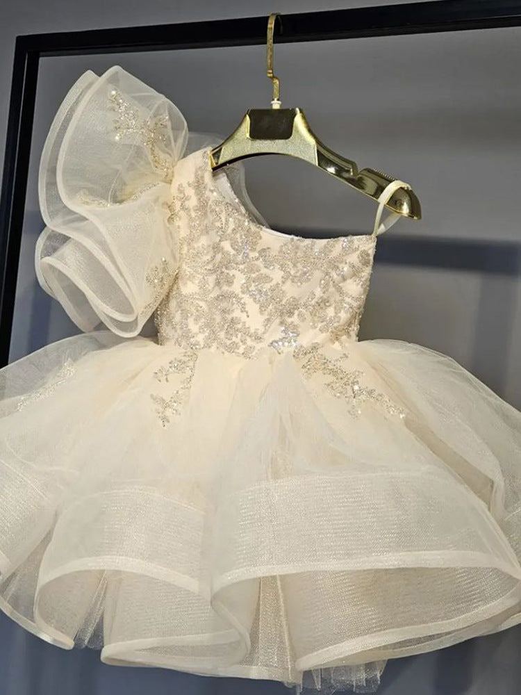 Abito da Cerimonia Bambina Avorio Monospalla con Ricami e Gonna in Tulle