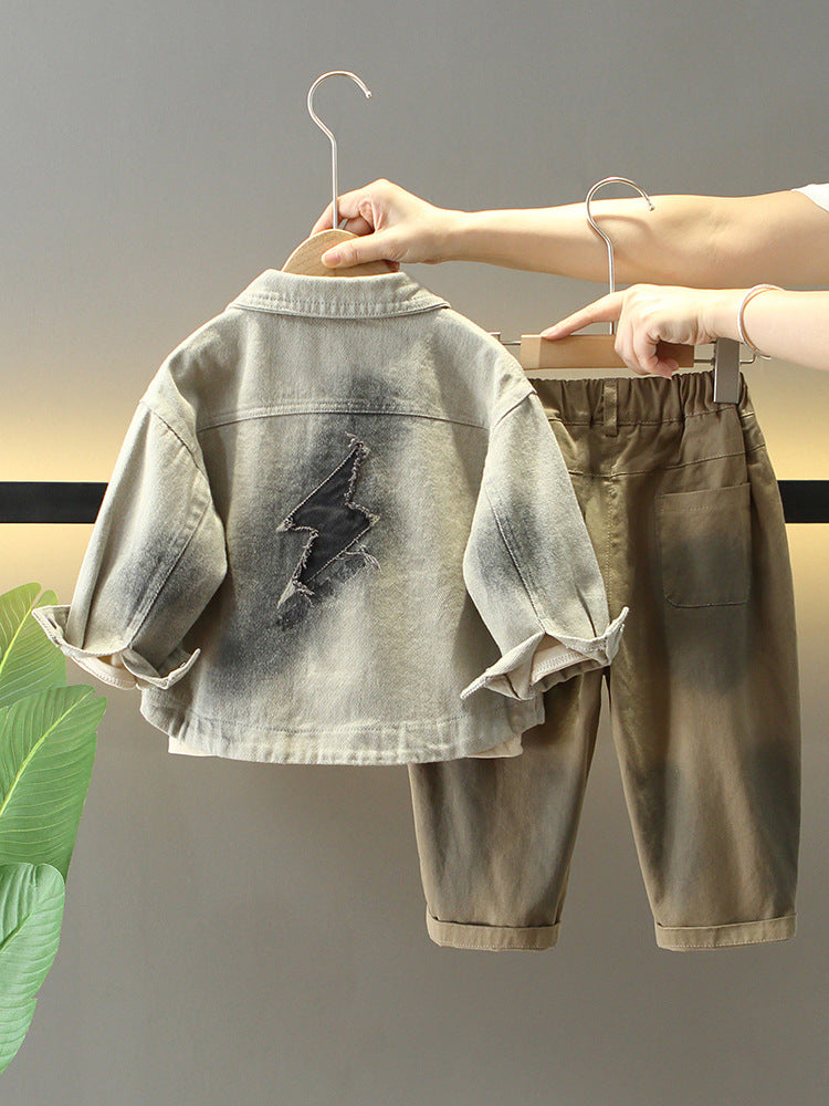 Completo Bambino Urban Style  Giacca Jeans Sfumata, T-Shirt e Pantaloni Cargo