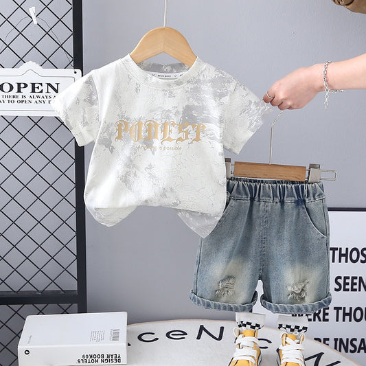 Completo Estivo Bimbo  T-shirt “Power” Effetto Marmo e Shorts in Denim