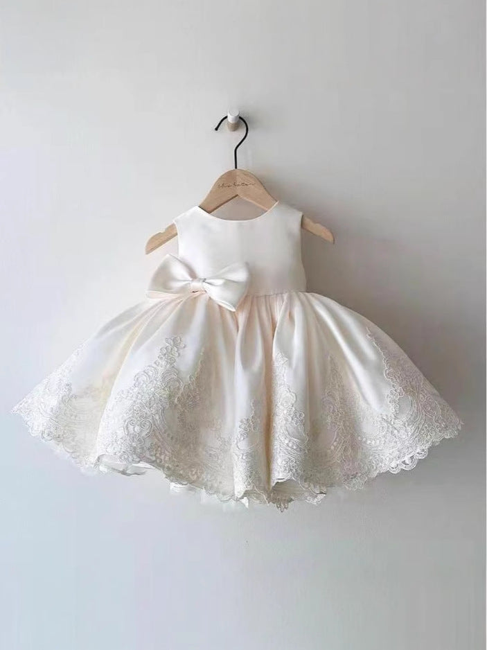 Abito da Cerimonia Bambina Avorio in Raso con Ricami e Fiocco Laterale