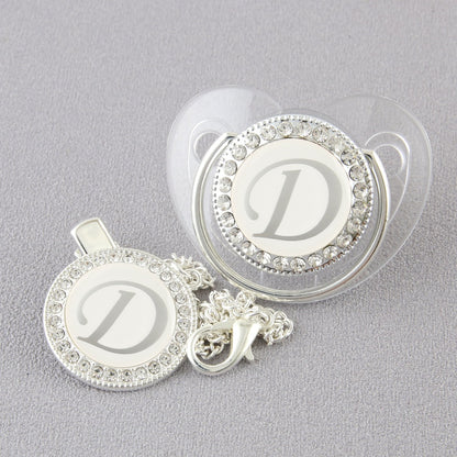 Set Ciuccio Trasparente e argento  Luxury con Clip – Personalizzato con Iniziale 6-12 mesi