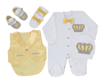 Set nascita principe – Tutina, gilet, scarpine e accessori con corona