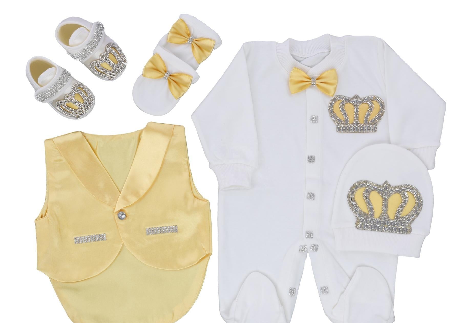 Set nascita principe – Tutina, gilet, scarpine e accessori con corona