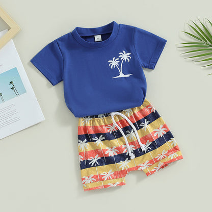 Completo Estivo per Bambini – Maglietta Blu con Palme e Pantaloncini Colorati