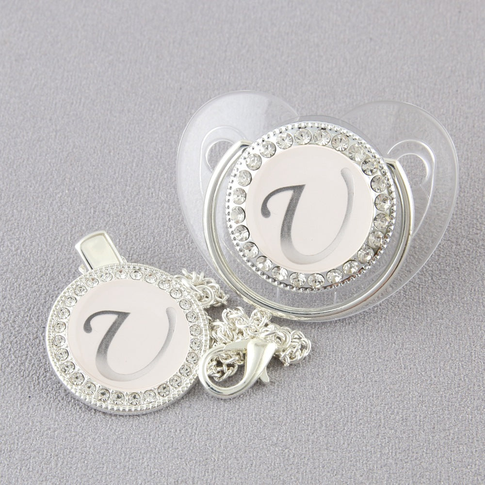 Set Ciuccio Trasparente e argento  Luxury con Clip – Personalizzato con Iniziale 6-12 mesi