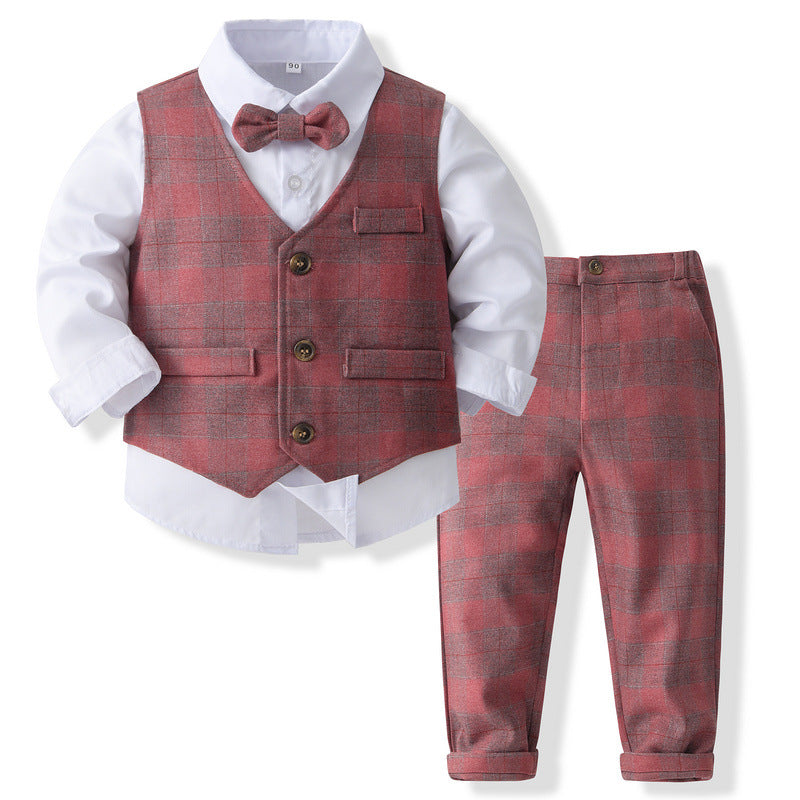 Completo Elegante Bambino 3 Pezzi  Gilet e Pantalone a Quadri Rosso con Camicia Bianca e Papillon Coordinato