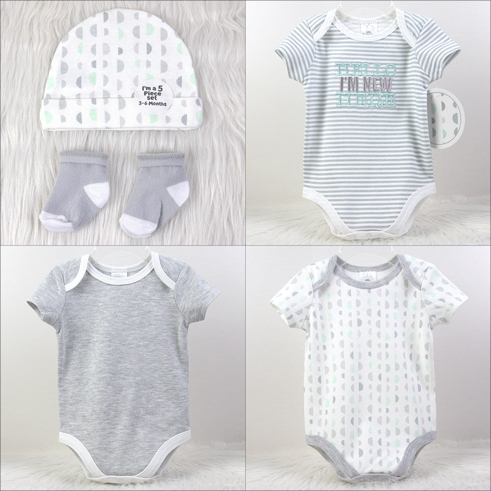 Set Nascita Neutro Bimbo/ Bimba in cotone 5 Pezzi - Body, Cappellino e Calzini