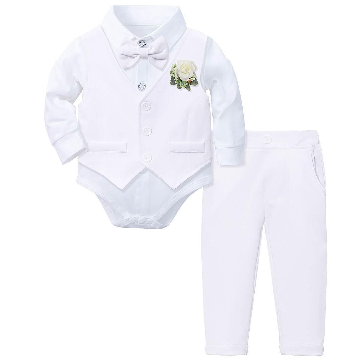 Completo Elegante per Neonato   2 Pezzi con Body Camicia e Pantalone bianco