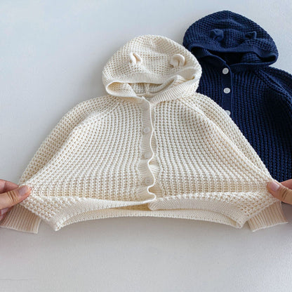 Cardigan Neutro Bimba/ Bimbo con Cappuccio e Orecchie – Maglia Morbida in Cotone