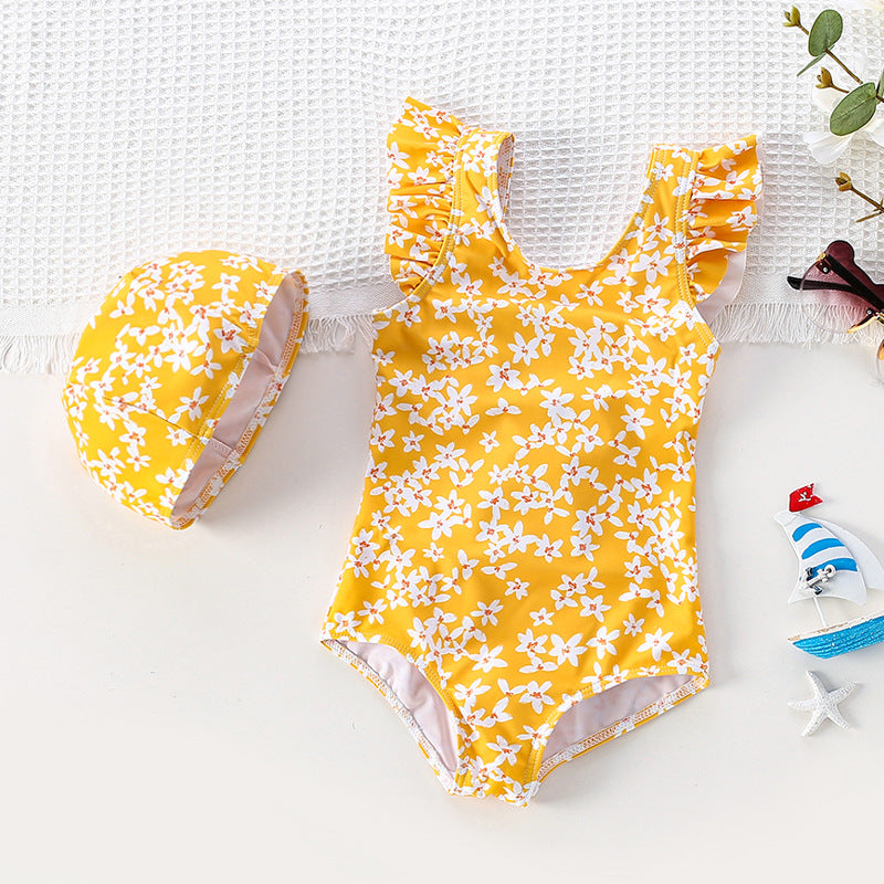 Costume Intero Bambina Giallo con Fiori Bianchi e Cuffietta