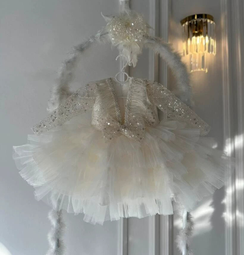 Abito Cerimonia Principessa in Tulle con Lustrini e Fiocco