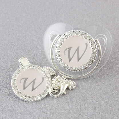 Set Ciuccio Trasparente e argento  Luxury con Clip – Personalizzato con Iniziale 6-12 mesi