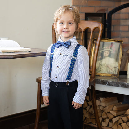 Completo Elegante Bambino con Papillon e Bretelle  Camicia a Righe e Pantalone Classico