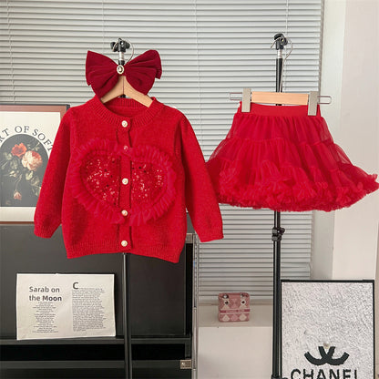 Completo Bambina Maglioncino Cuore con Paillettes e Gonna in Tulle Volant