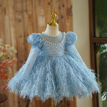 Abito da Cerimonia Bambina - Tulle Azzurro con Piume e Paillettes