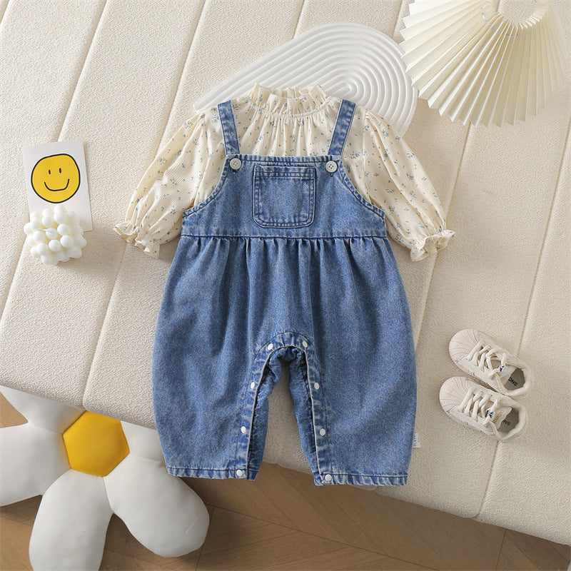 Completo Bambina 2 Pezzi – Camicetta a Fiori + Salopette in Jeans