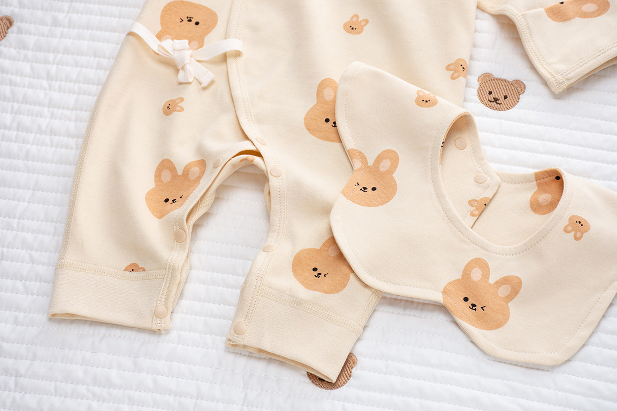Coordinato Set Neutro Neonato/a Bimbo/ Bimba  3 pezzi – Coniglietti beige in cotone