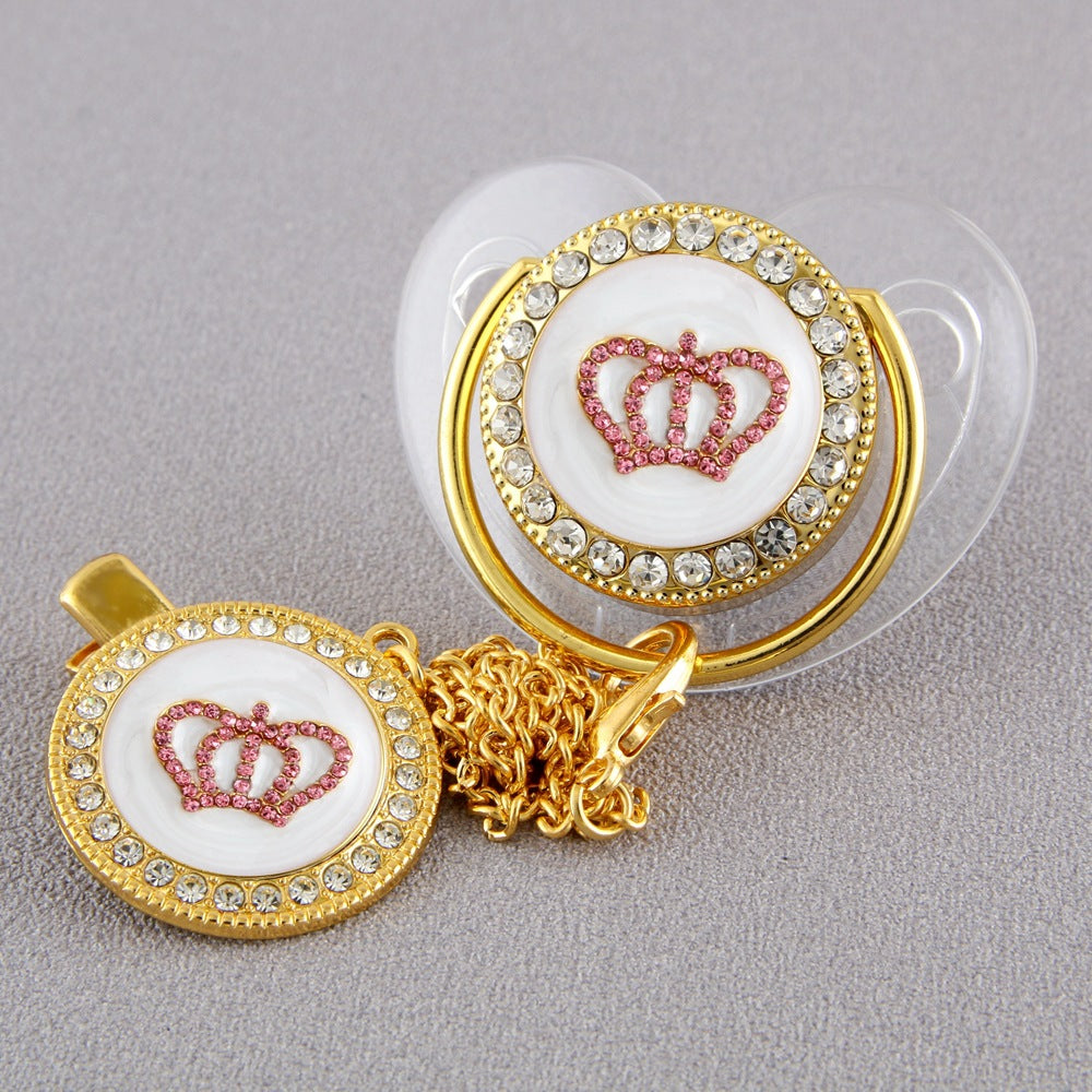 Set Ciuccio e Catenella con Corona Rosa in Cristalli