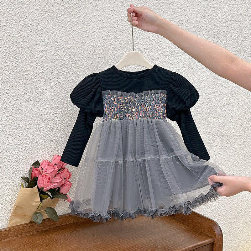 Vestito Elegante Bambina Manica Lunga con Corpetto Brillantinato e Gonna in Tulle