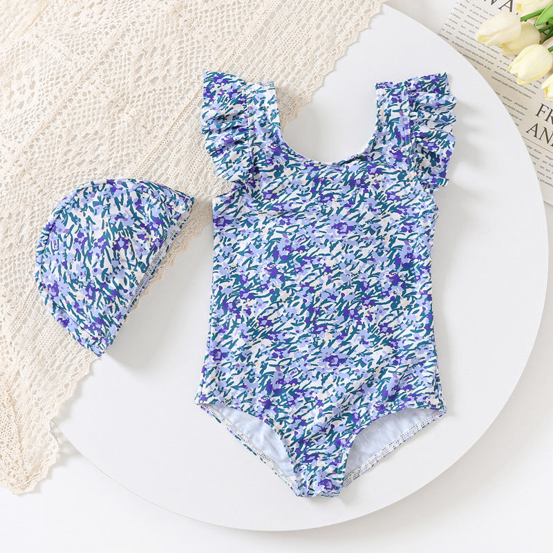 Costume Intero Bambina con Fiocco e Cuffietta – Fantasia Floreale Viola