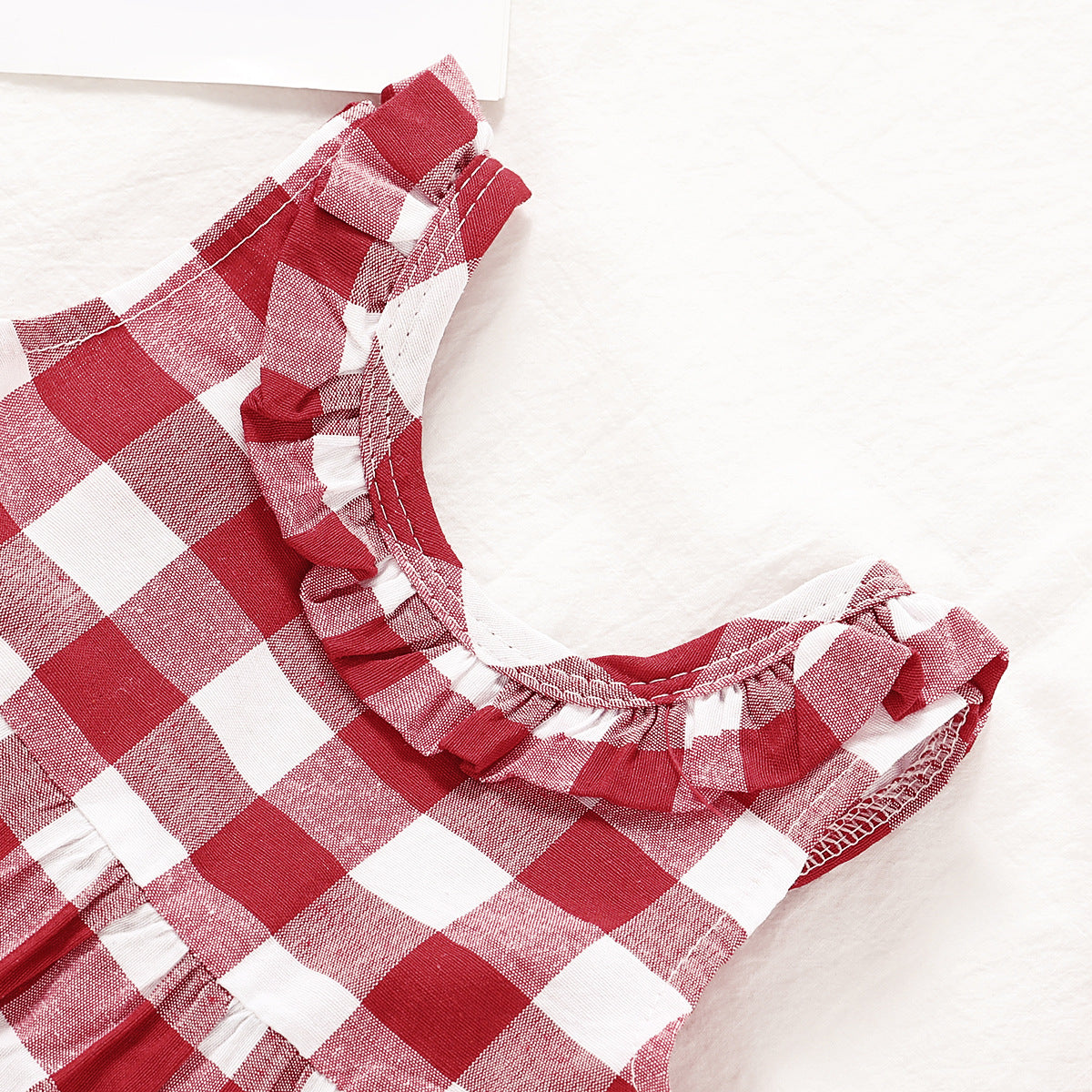 Completo Estivo Bambina 3 Pezzi  Top a Quadretti, Bloomers in Jeans e Fascia Coordinata