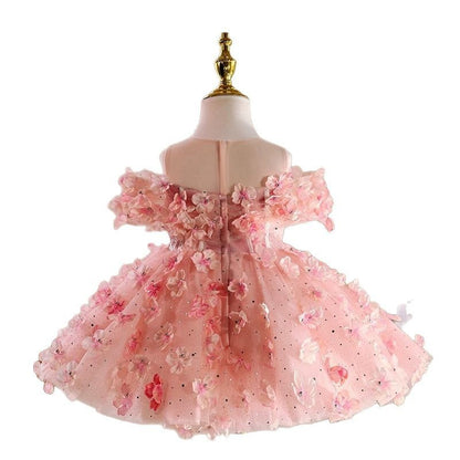 Abito Cerimonia Bimba Rosa – Fiori 3D e Corpetto con Perle