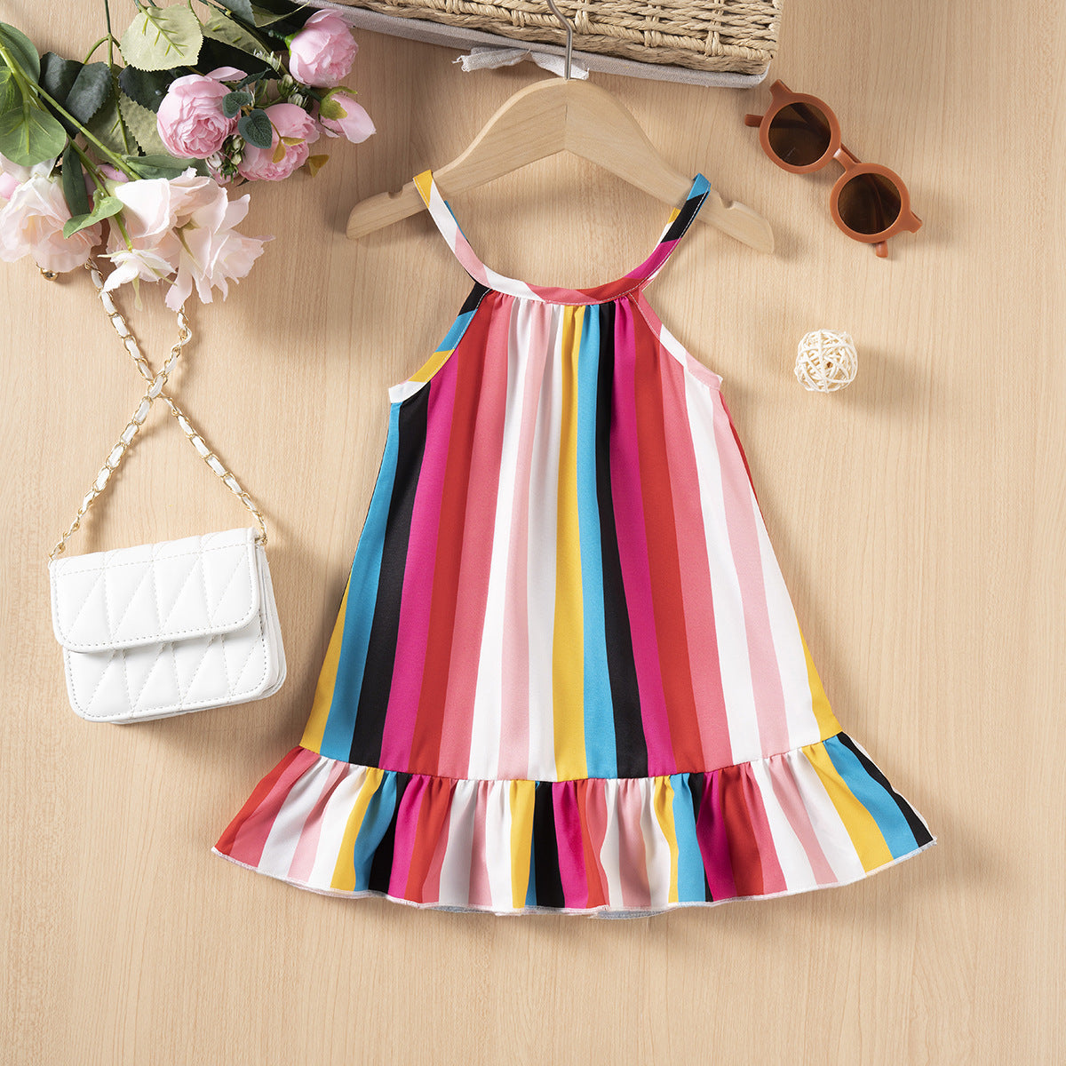 Vestito Estivo Bimba a Righe Colorate  Spalline Sottili e Volant