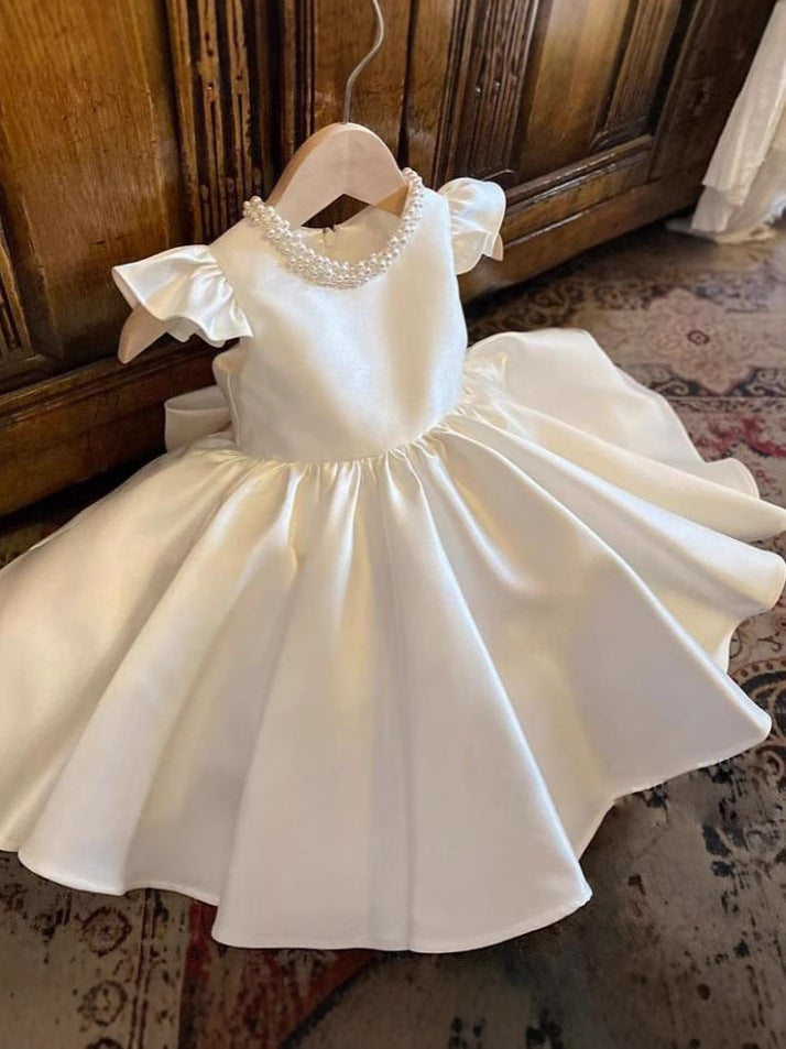 Abito Elegante Bambina in Raso Avorio con Perle