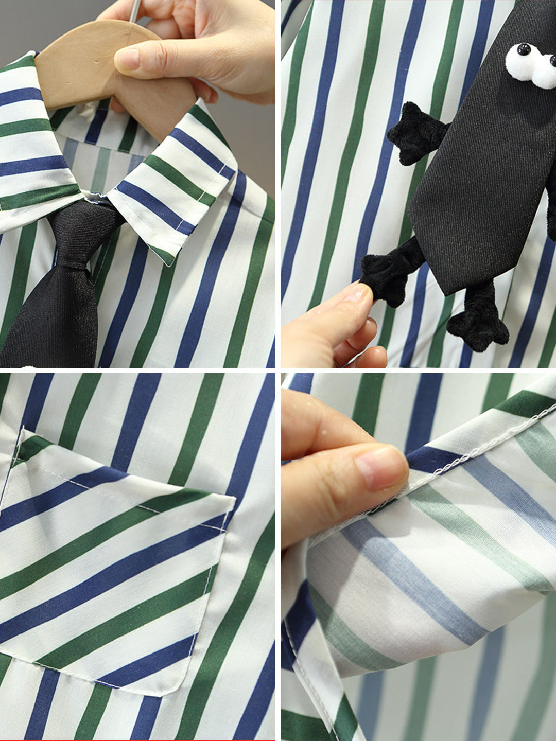 Completo bambino  2 pezzi – Camicia a righe con cravatta giocattolo e pantaloni neri