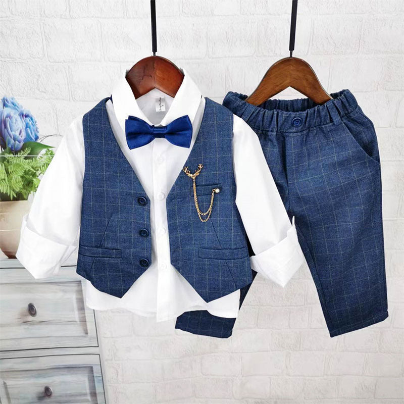 Completo Elegante Bimbo 3 Pezzi – Gilet e Pantaloni Check Blu con Papillon