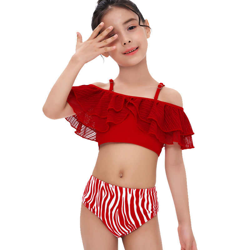 Bikini bambina 2 pezzi - top rosso con volant e slip vita alta fantasia zebrata