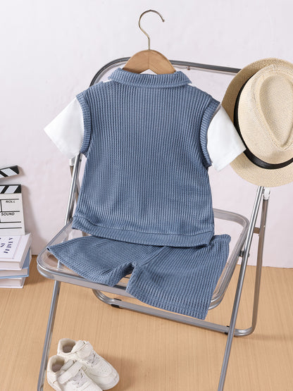 Completo bimbo 3 pezzi con gilet in maglia   Blu denim