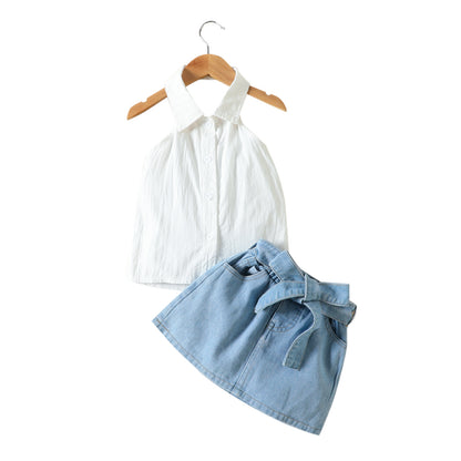 Completo Bimba  con Blusa Bianca Senza Maniche e Gonna in Denim