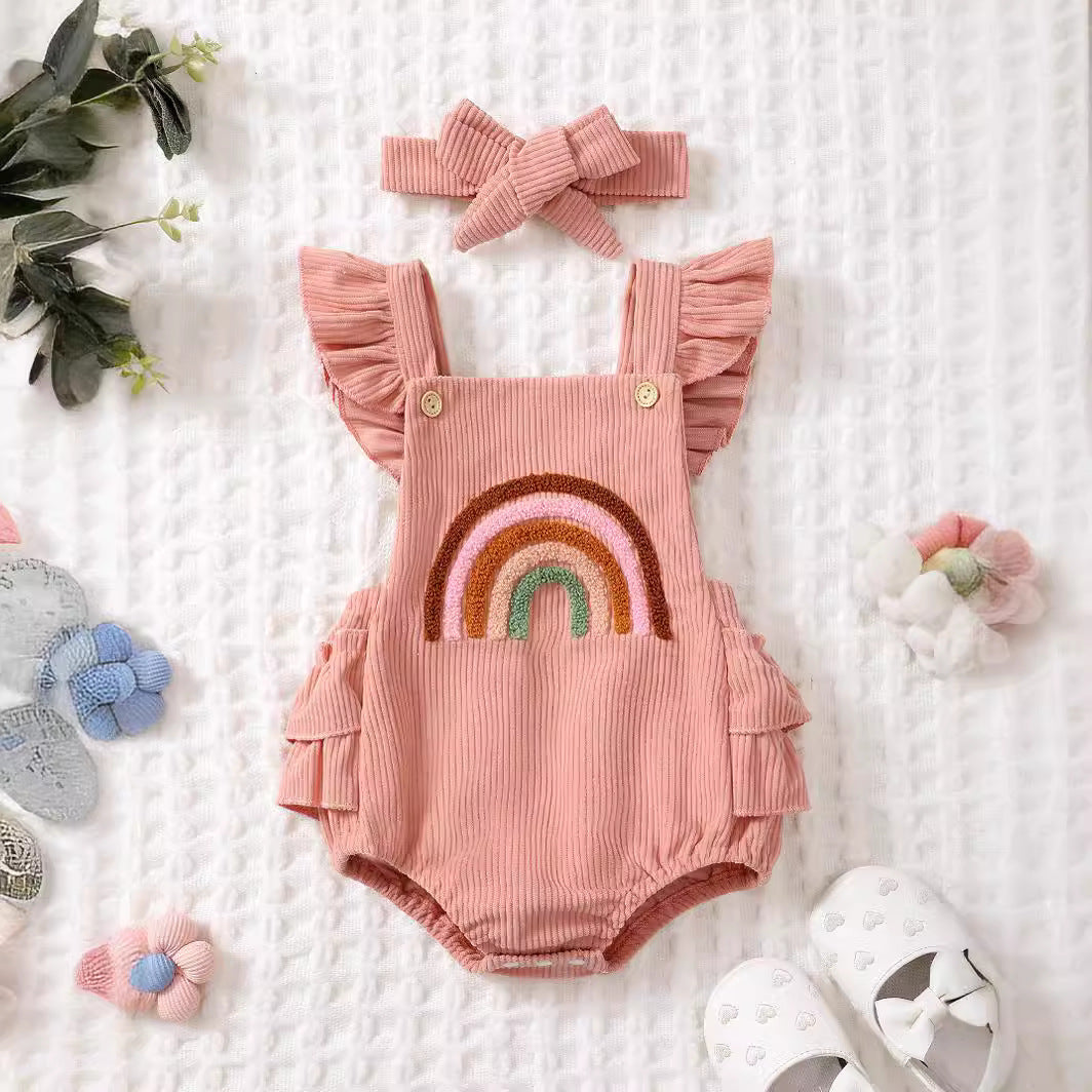 Completo Neonata in Velluto a Coste con Arcobaleno – Body con Volant + Fascia