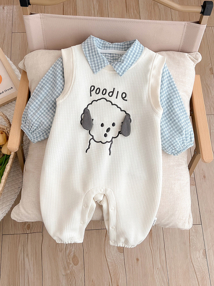 Completo “Poodle” – 2 pezzi: camicina a quadretti e salopette con cagnolino ricamato