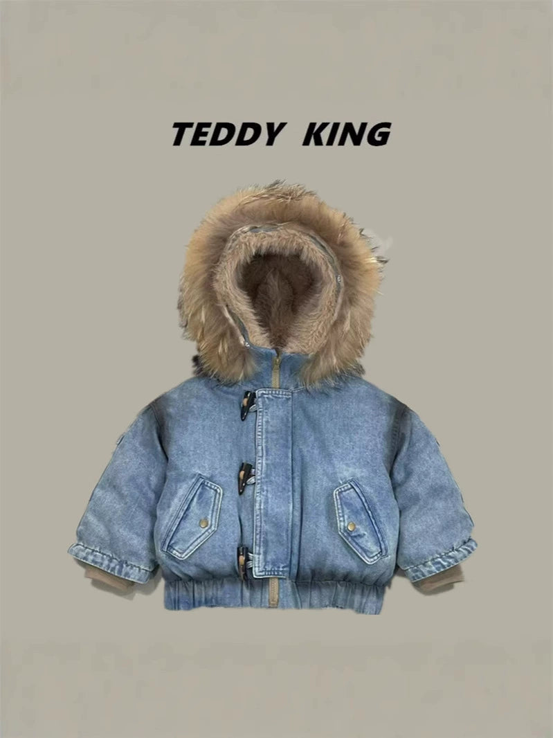 Giubbotto Bimbo in Jeans con Interno Teddy – Cappuccio con Pelliccia