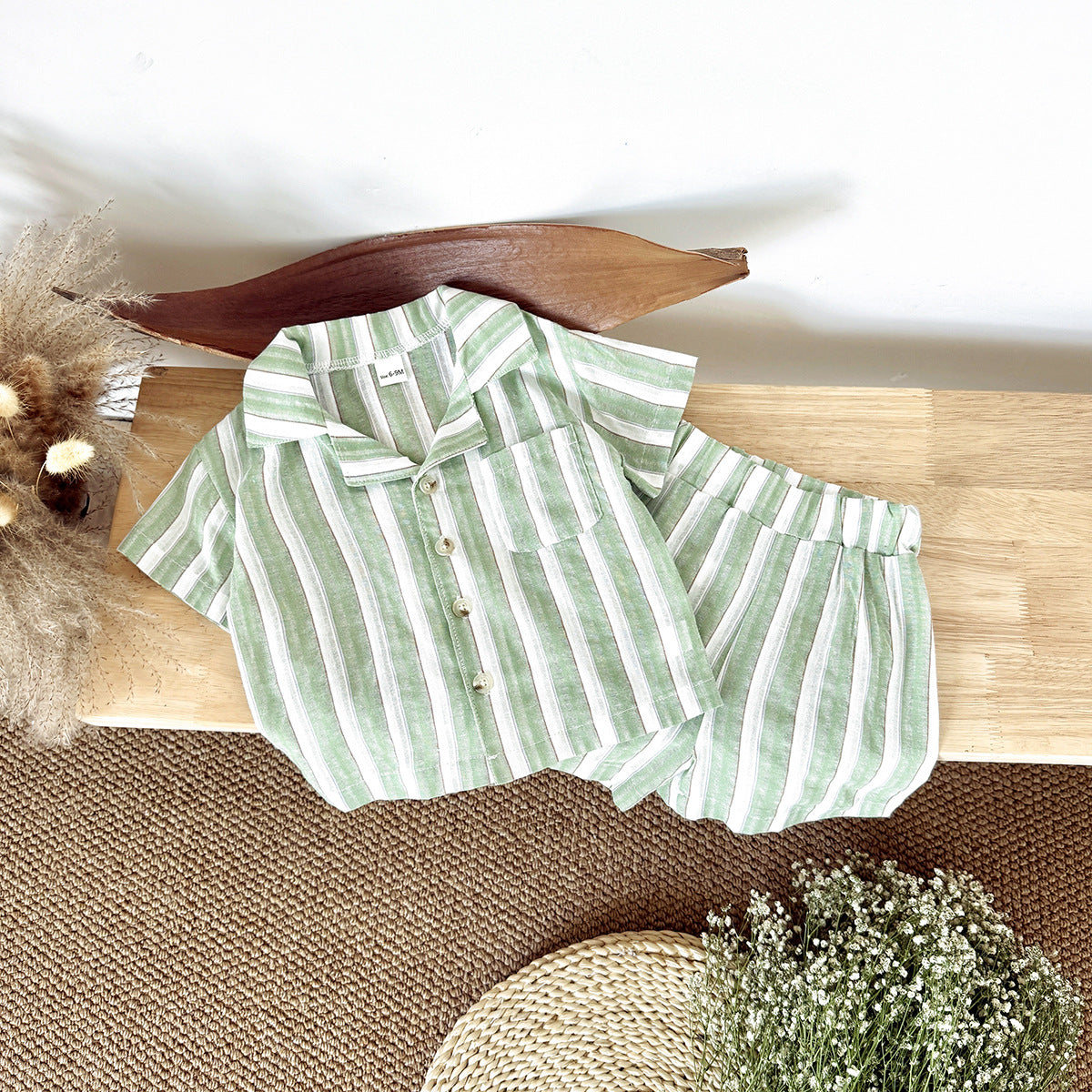 Completo Estivo Bimbo Verde Salvia a Righe  Camicia e Shorts Coordinati