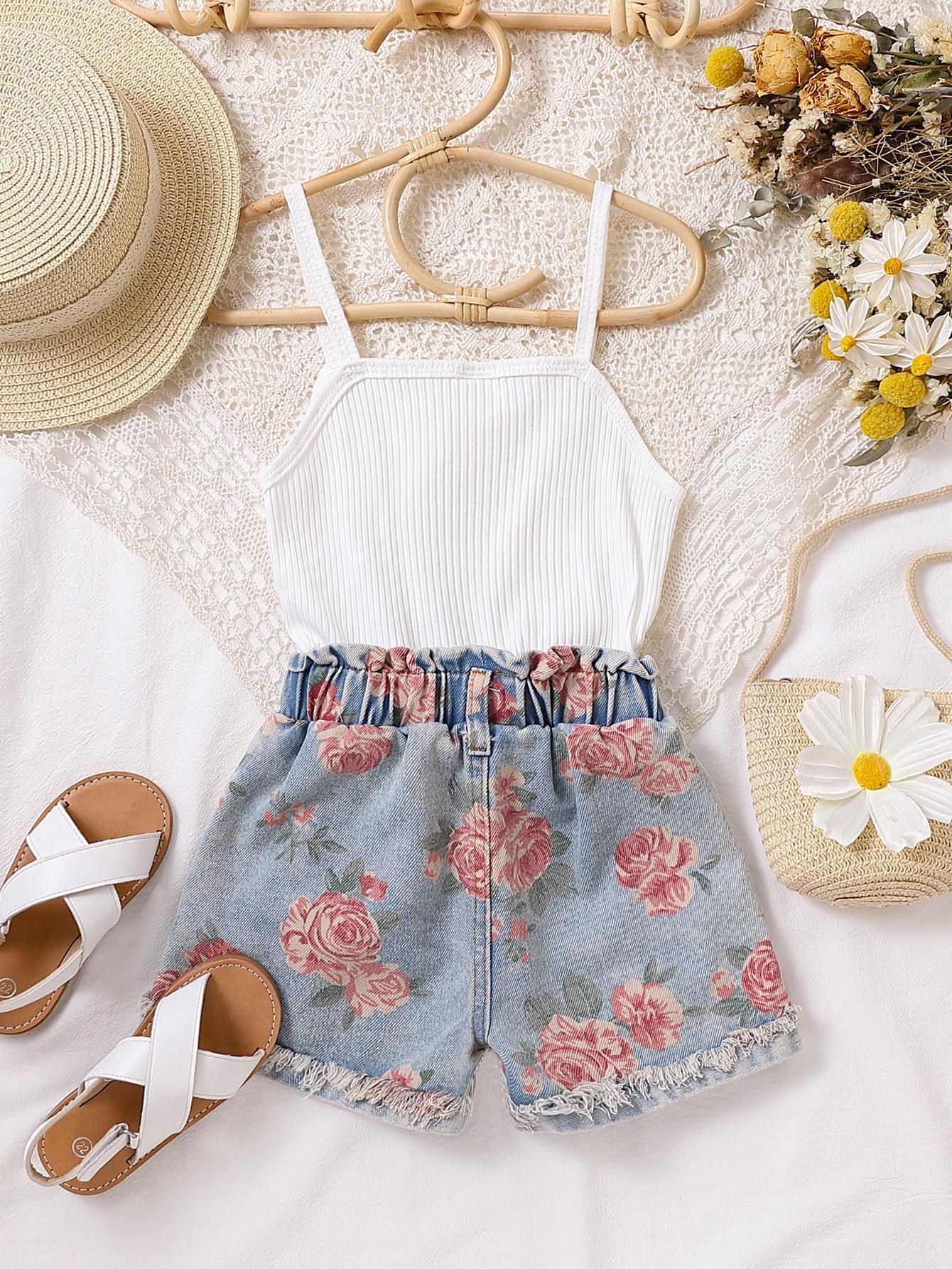 Completo Bambina Estivo - Top Bianco e Shorts in Denim con Fiori