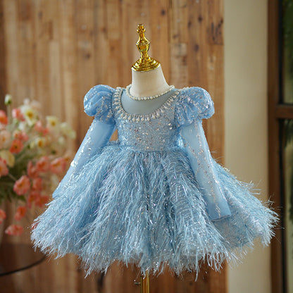 Abito da Cerimonia Bambina - Tulle Azzurro con Piume e Paillettes