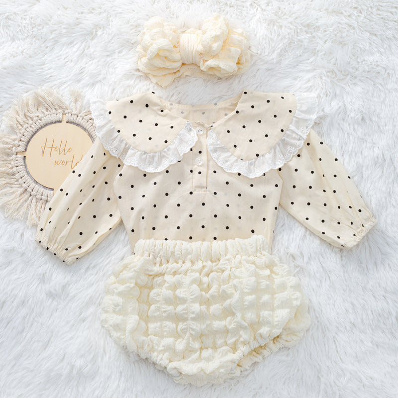 Set Elegante 3 Pezzi per Bambina – Blusa a Pois, Bloomers con Volant e Fascia Coordinata