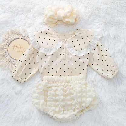 Set Elegante 3 Pezzi per Bambina – Blusa a Pois, Bloomers con Volant e Fascia Coordinata