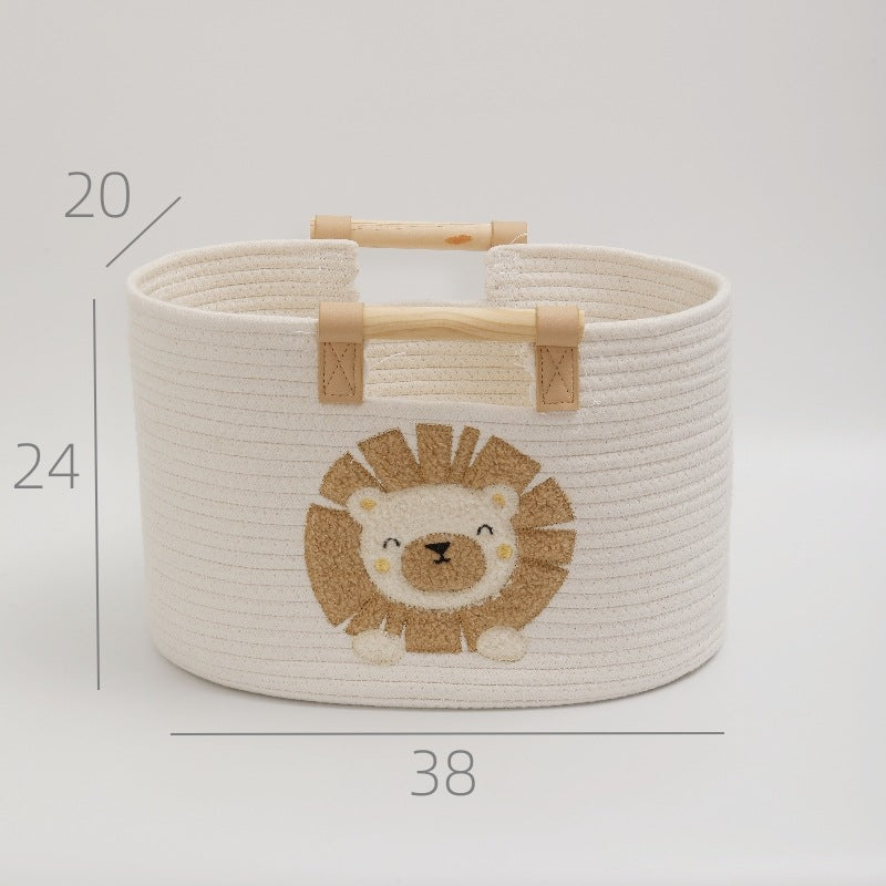 Cestino Portaoggetti in Corda con Manici in Legno e Decorazioni Animali – Perfetto per Cameretta e Organizzazione