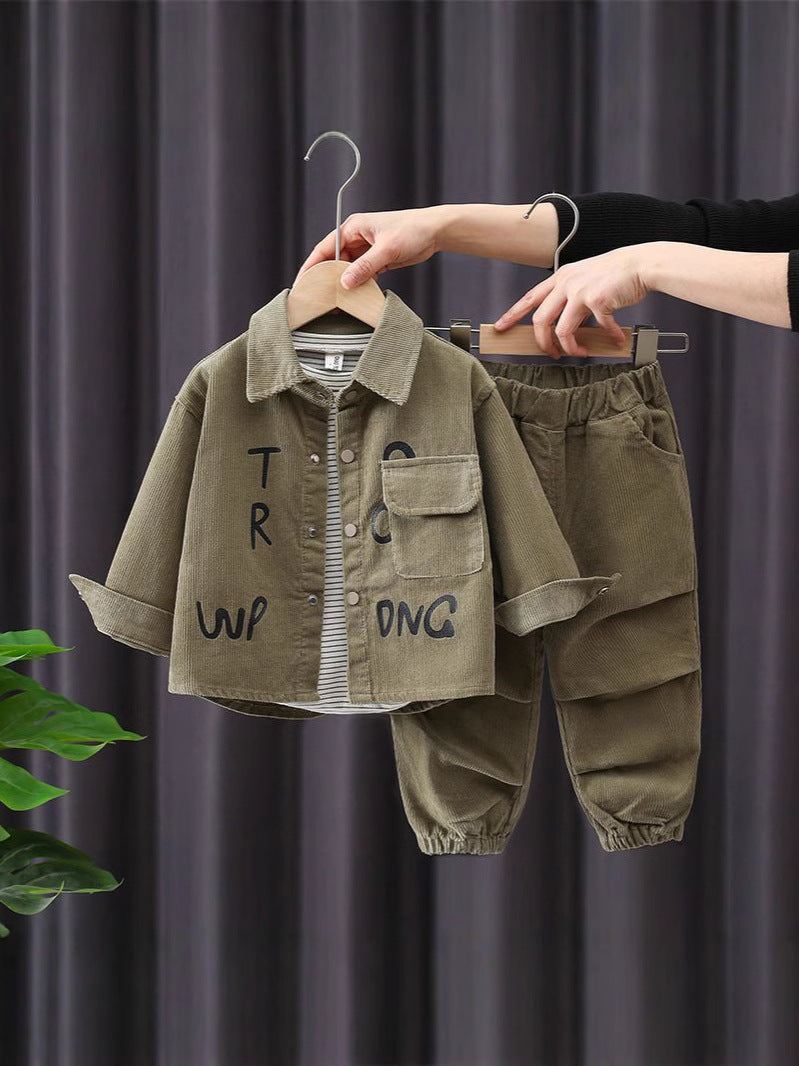 Completo Invernale Bimbo in Velluto  Giacca e Pantaloni Verde Militare