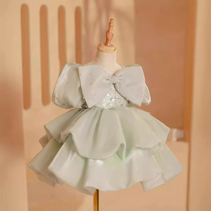 Abito Elegante Bambina in Organza con Fiocco e Paillettes – Verde Salvia