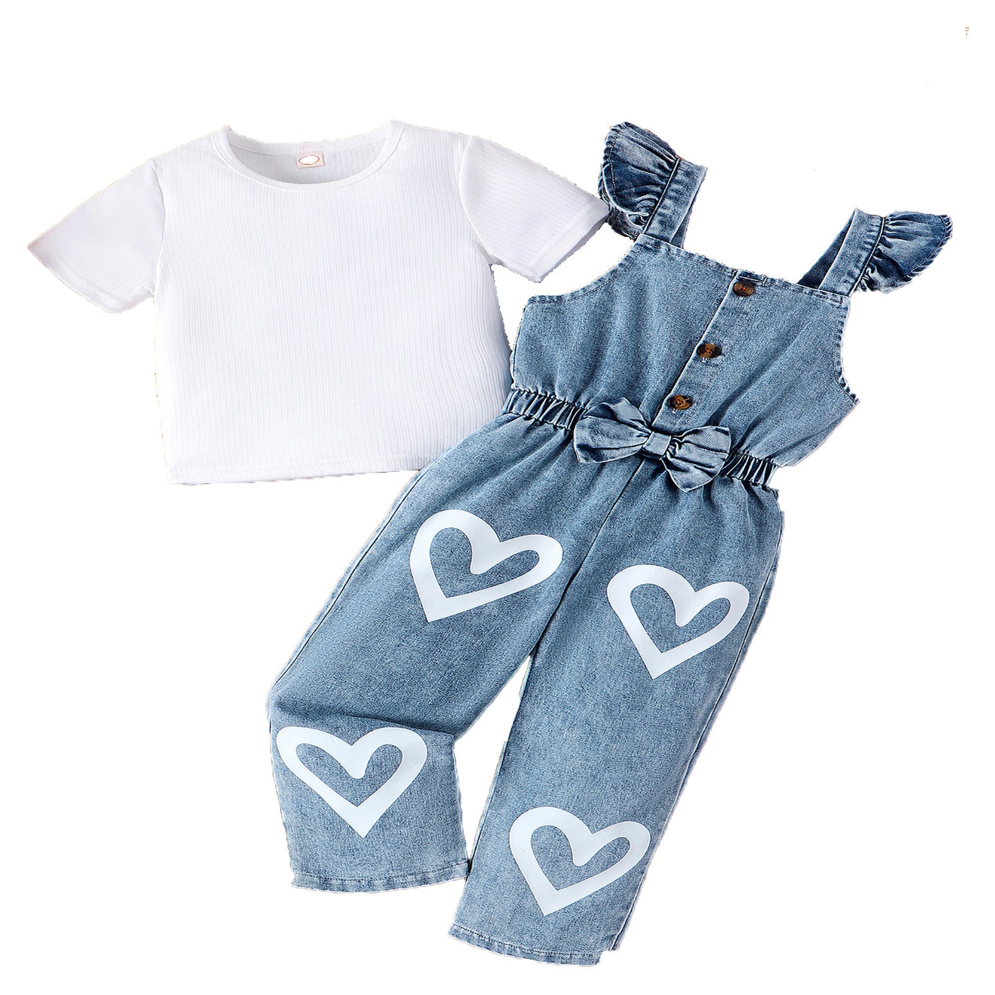 Completo Bambina con Salopette in Denim Decorata e T-Shirt Bianca