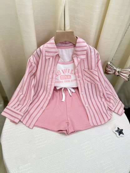 Completo Bambina 3 Pezzi - Camicia a Righe Rosa, T-shirt Stampata e Shorts