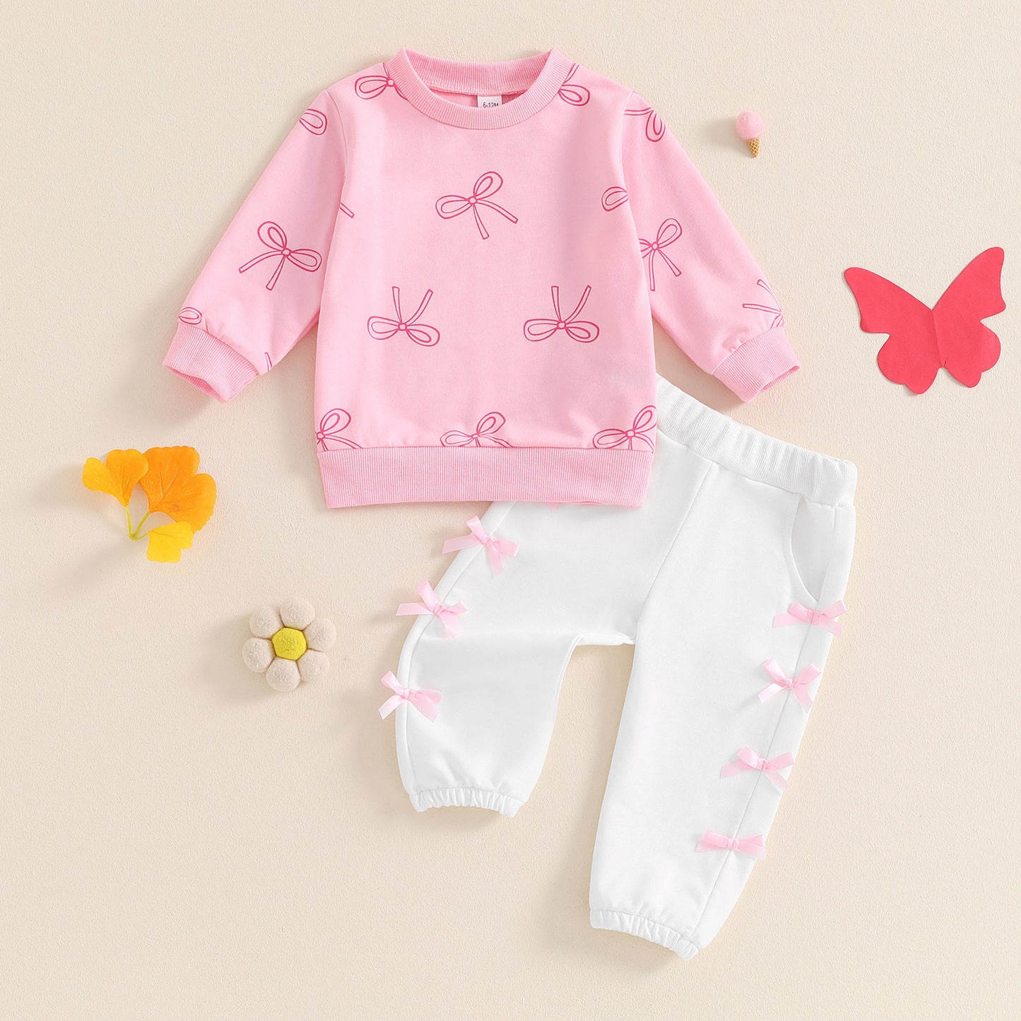 Completo Bambina con Felpa Rosa e Pantaloni Bianchi Decorati