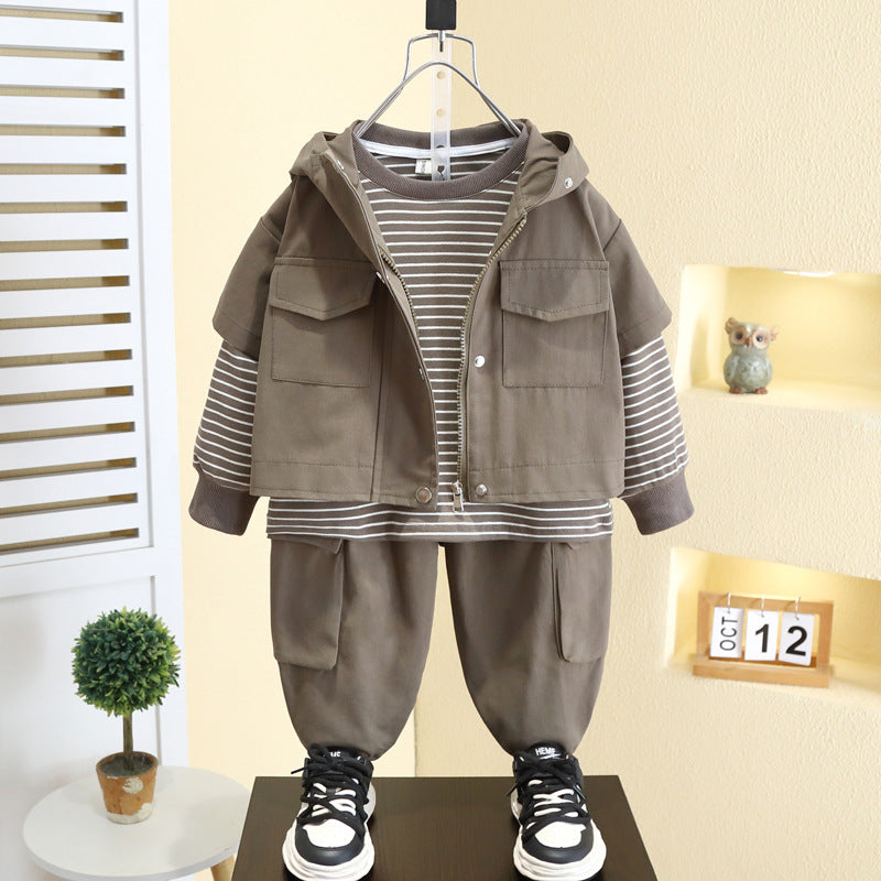 Set 3 Pezzi Bambino – Giacca con Cappuccio, Maglia a Righe e Pantaloni Cargo