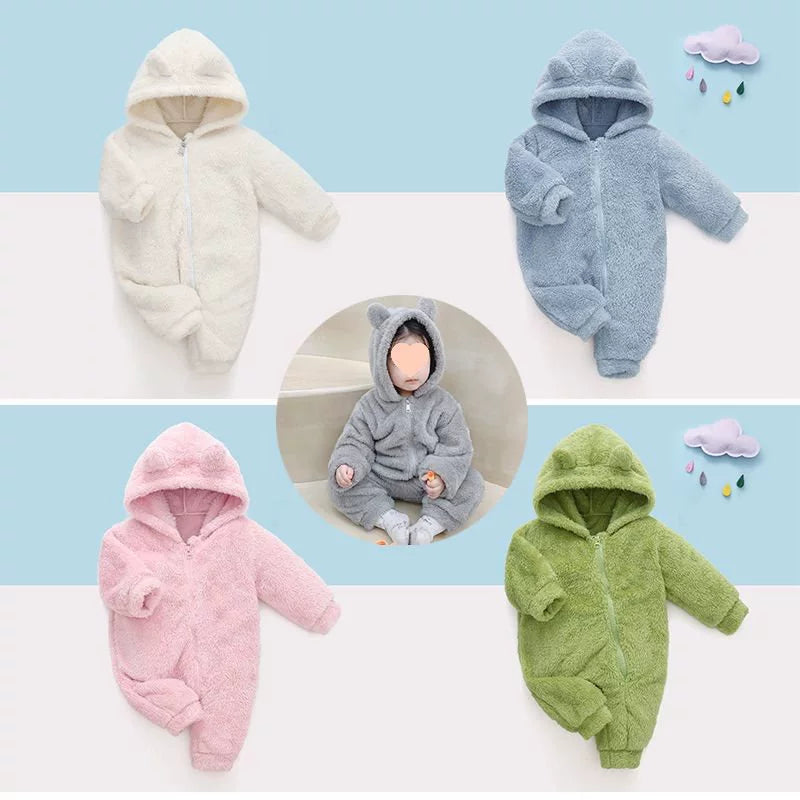 Tuta orsetto in pile con cappuccio e orecchiette – tutina invernale neonato unisex